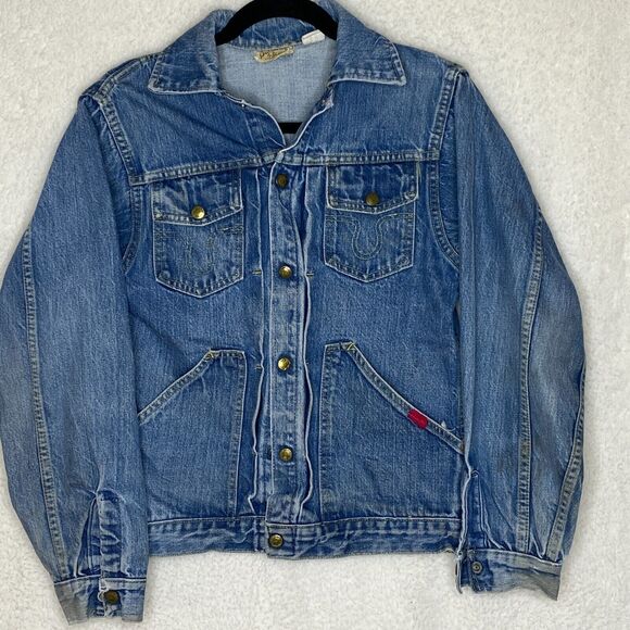 VINTAGE Big Smith Buckaroo Denim Jacket Vintage Size 36 L Fitted Trucker Snap